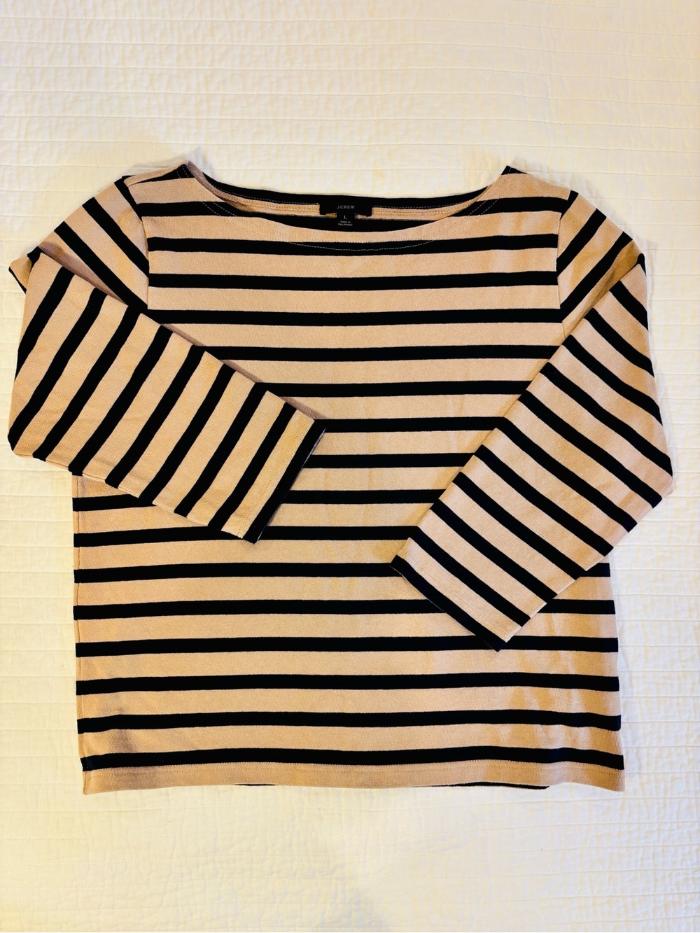 J. Crew Tan and Navy Striped Boatneck Top